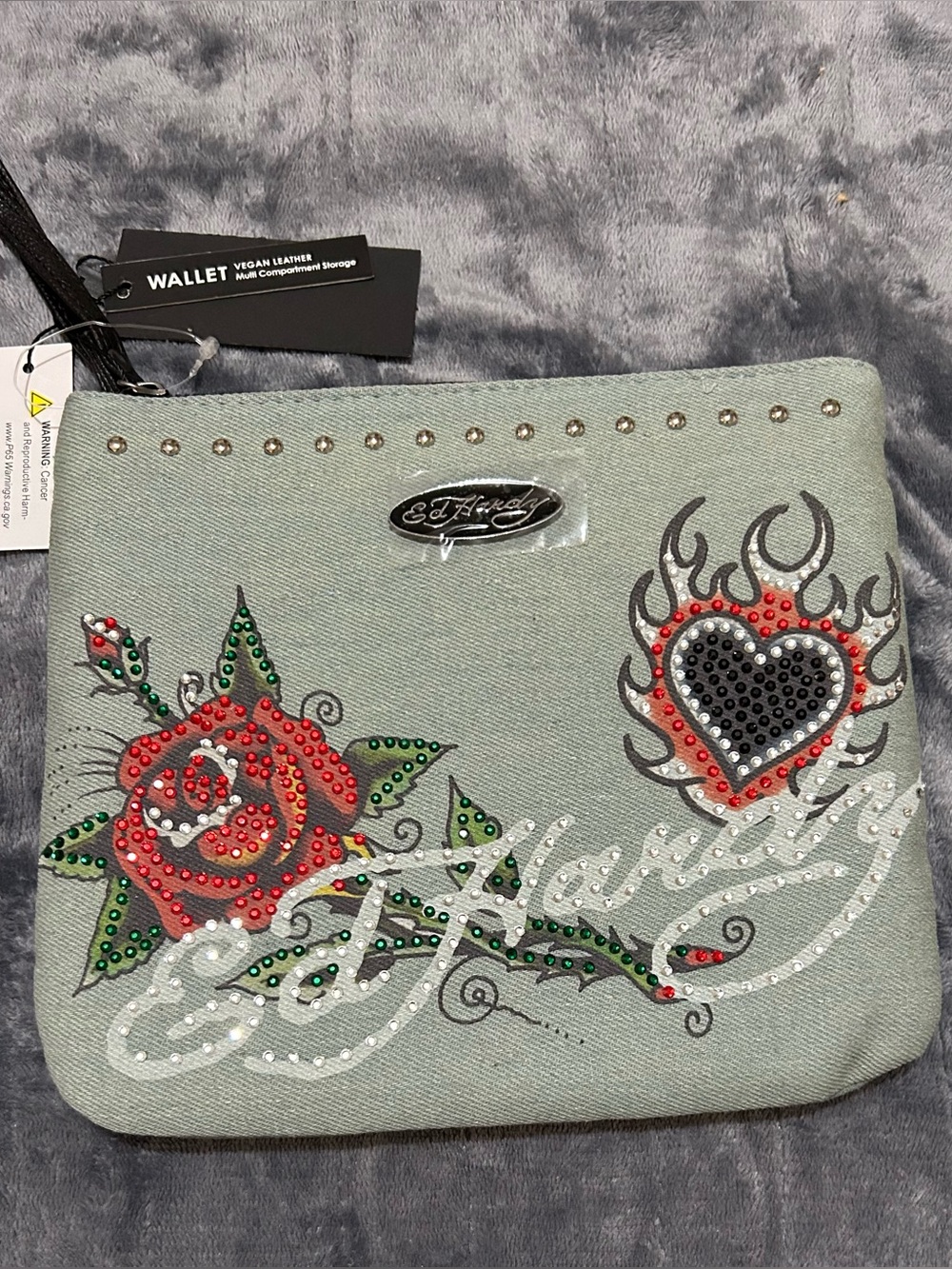 Ed Hardy Mint Green Wristlet with Red Rose & Black Heart Studs